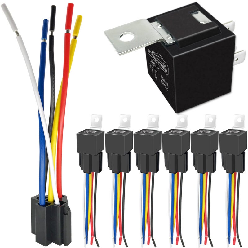 irhapsody 80/60Amp 12V 5-pin Relay Kit, SPDT 12-Volt Automotive Relay with Heavy-Duty Pigtail, 6-Pack - Image 1